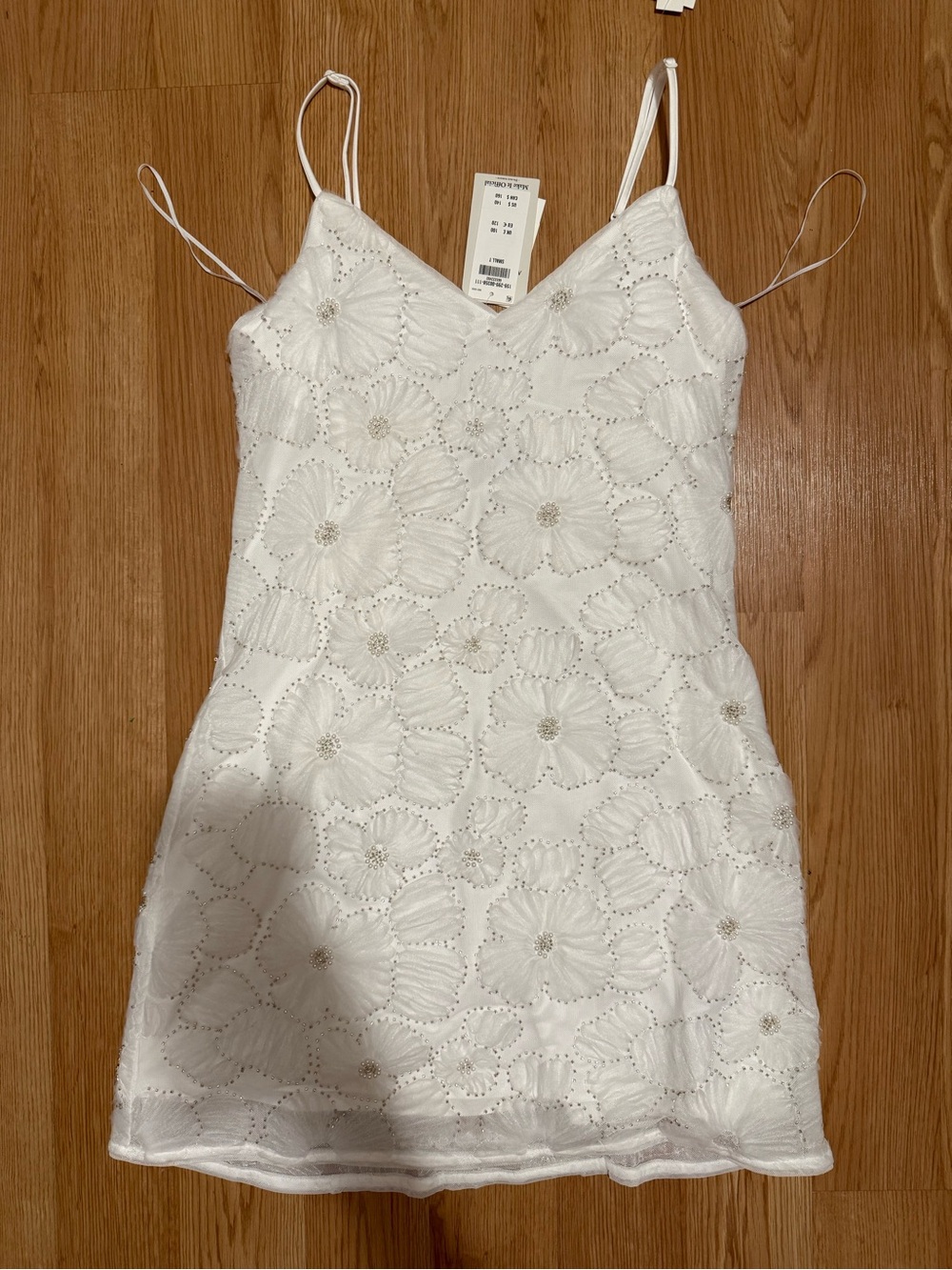 White Floral Eyelet Spaghetti-Strap Mini Dress (Size Small Tall)